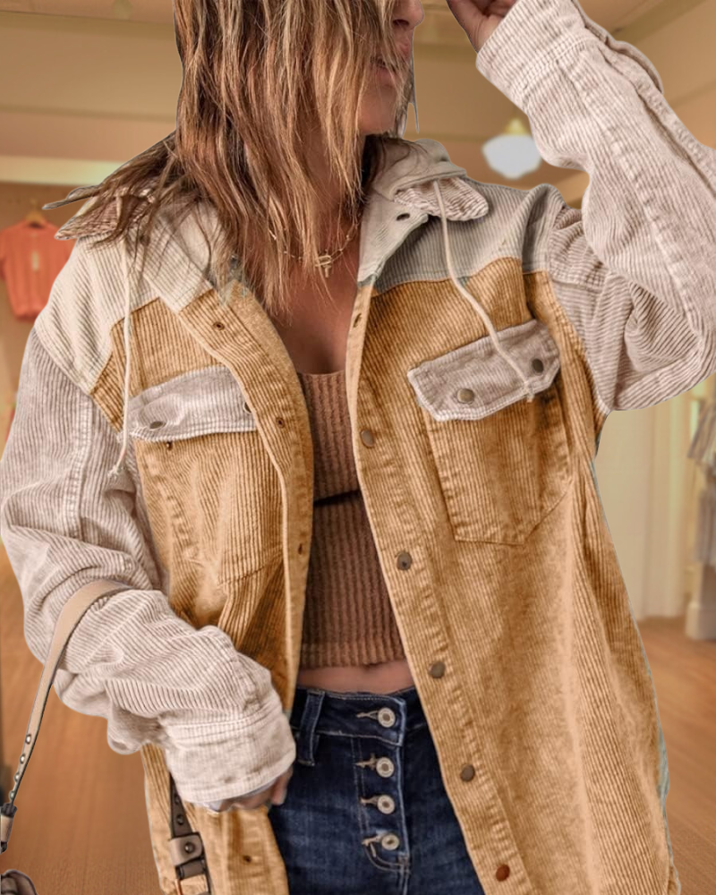 Corduroy Hooded Color Block Shackets