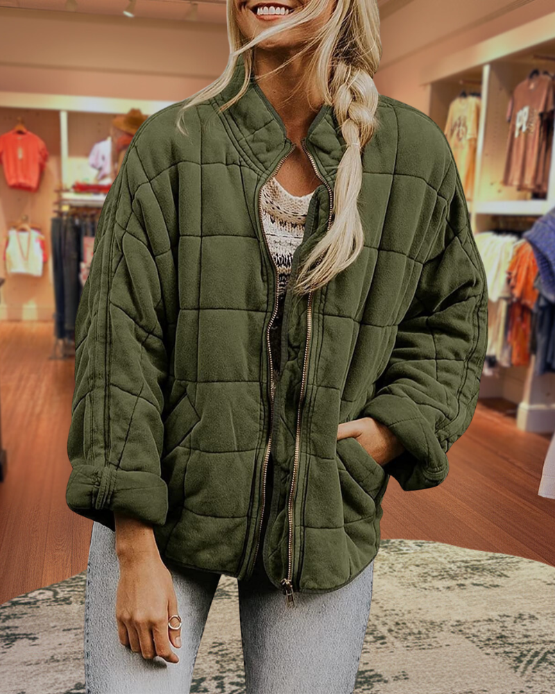 Quilted Knit Stand Collar Zip Up Coats