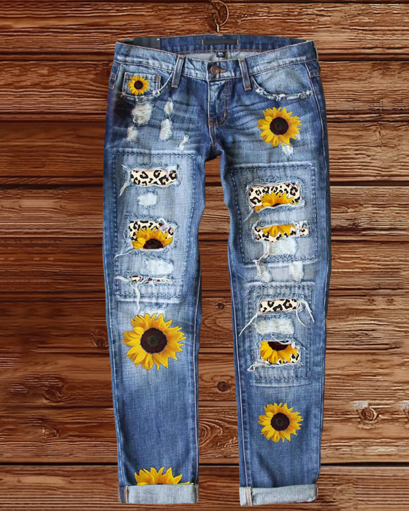 Patchwork Sunflower Print Distressed Jeans