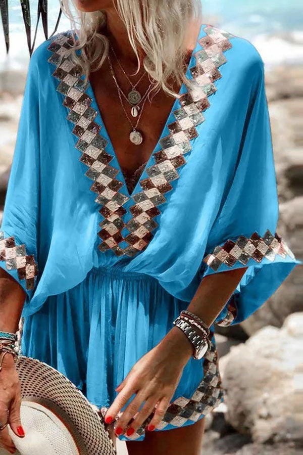 Tropical Print Long Sleeve Cocktail Jumpsuit