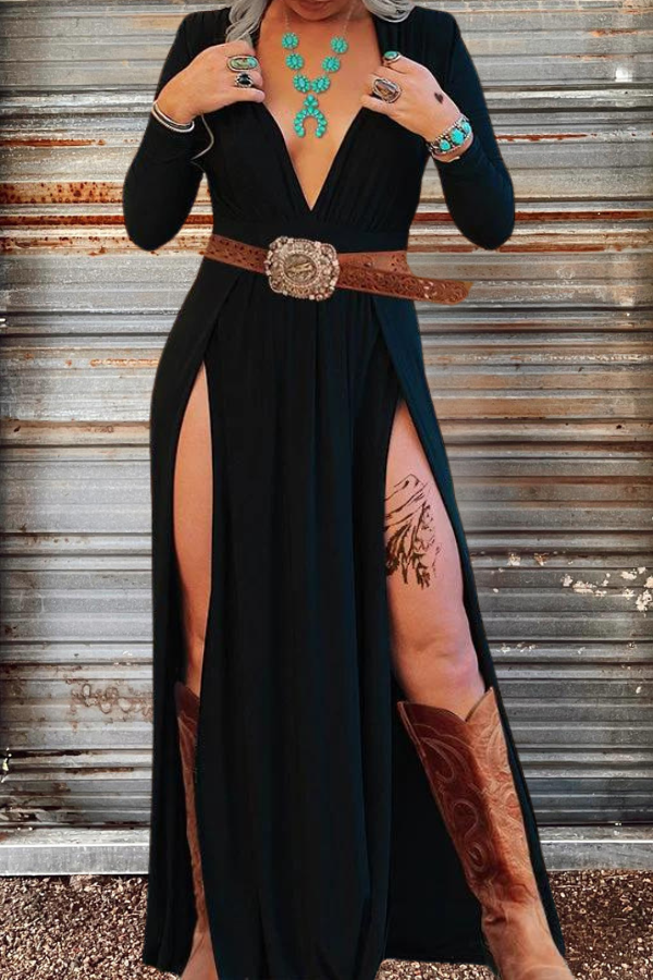 Long Sleeves Plunging Neck Split Thigh Dress Westernwildgirls Long Sleeves Plunging Neck Split Thigh Dress Westernwildgirls
