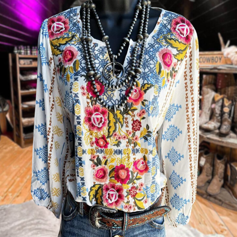 V-Neck Long Sleeve Printed Pullover Shirt