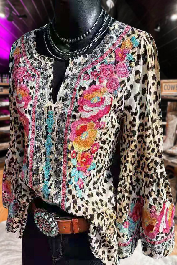 Flared Long Sleeve Leopard Print Shirt