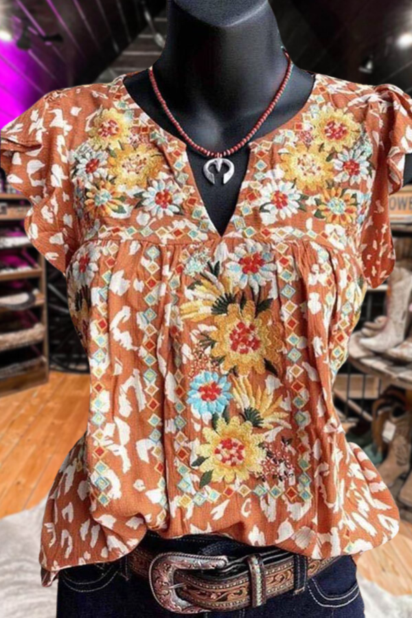 Embroidered Flowers V-Neck Frilled Top
