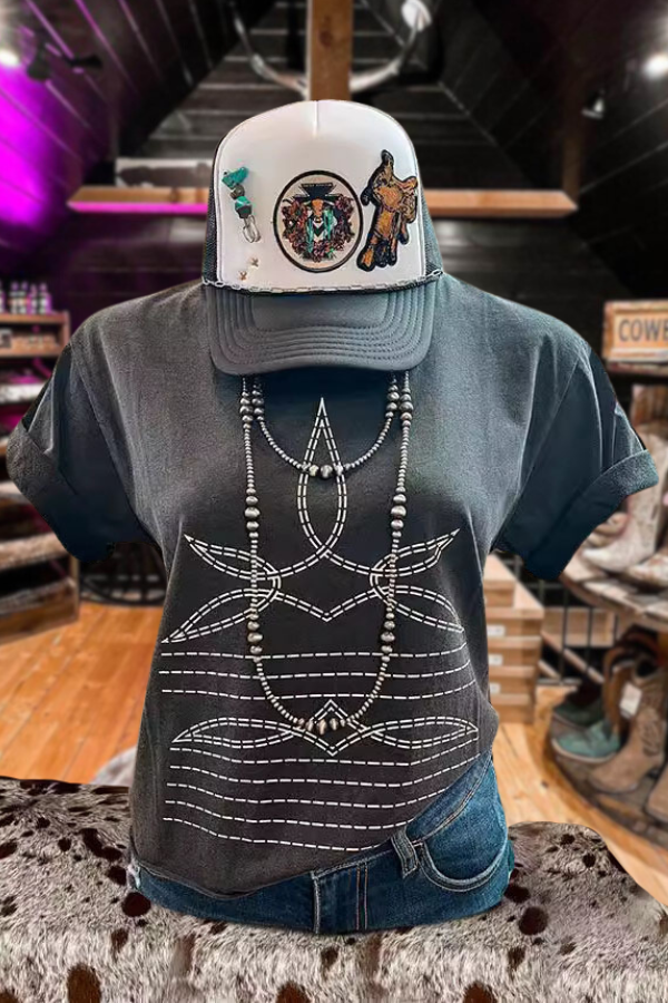 Casual Bootcut Stitch Graphic Crew Neck T-Shirt