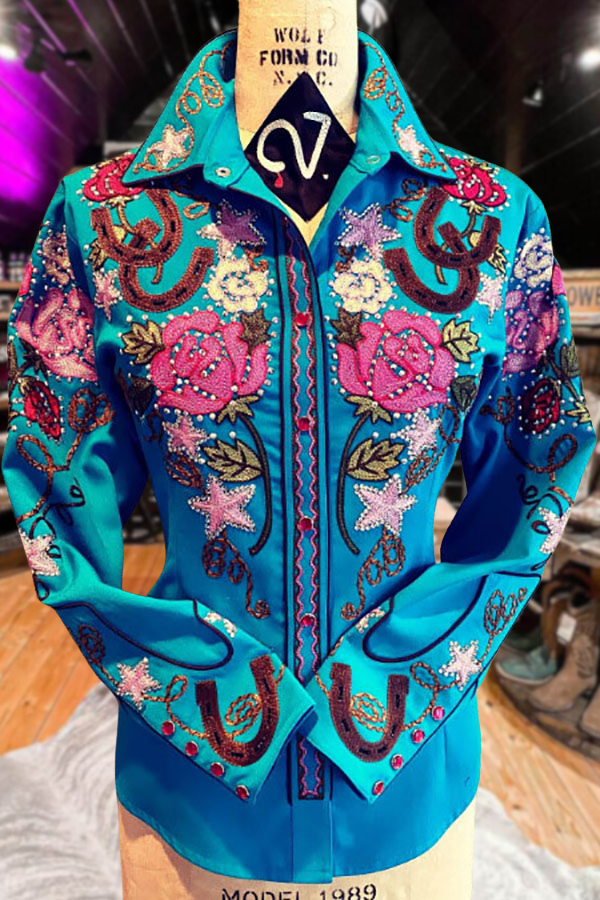 Rose Embroidered Rhinestone Long Sleeve Shirt