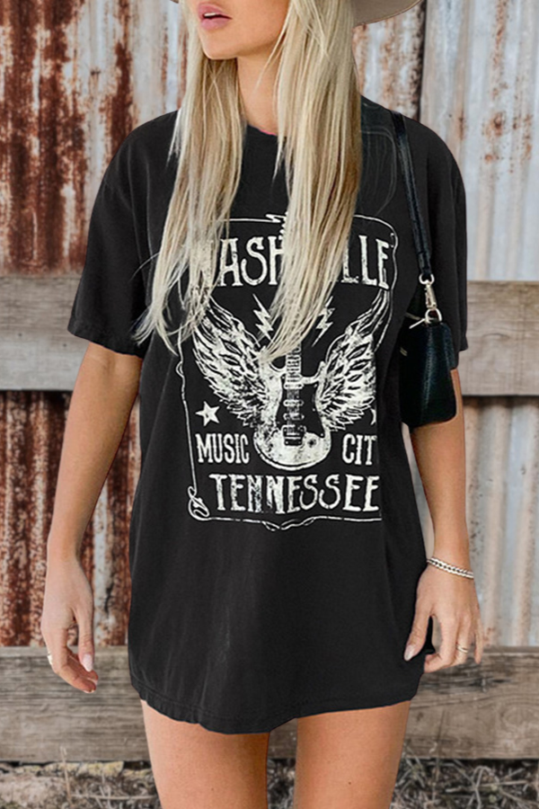 Guitar Print Pullover Round Neck T-Shirt