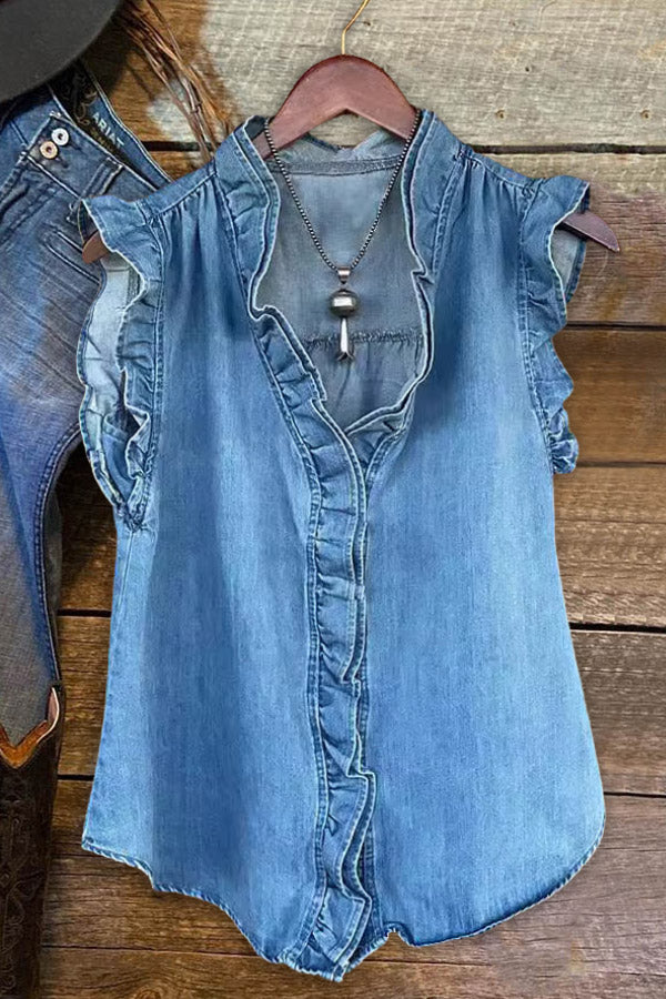 Ruffled Denim Sleeveless Shirt