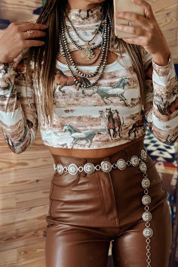 Horses Print High Neck Top