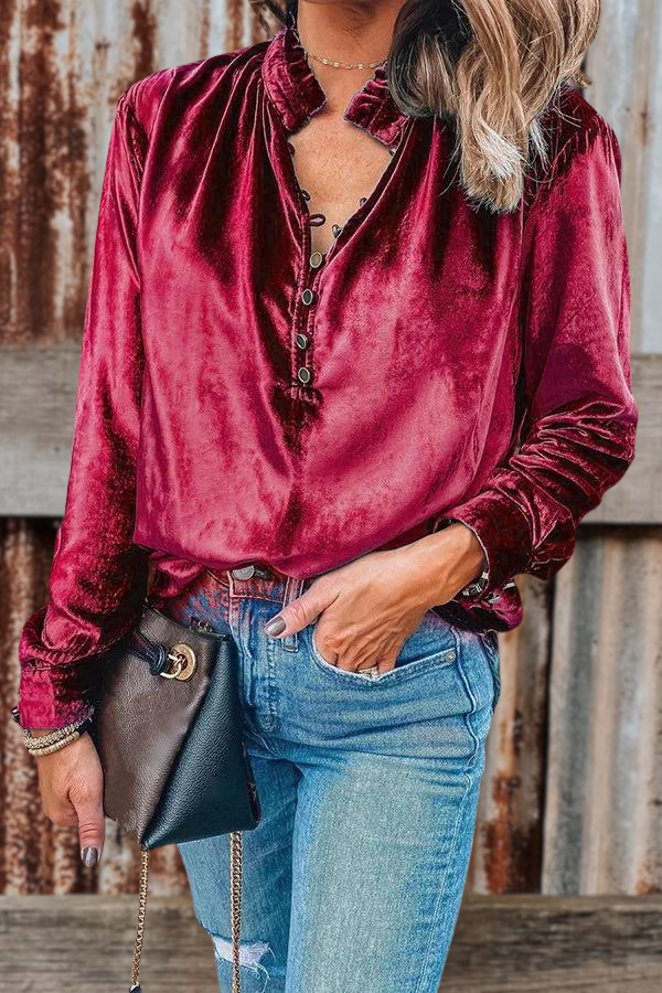 Frilled Neck Buttoned Front Velvet Shirt