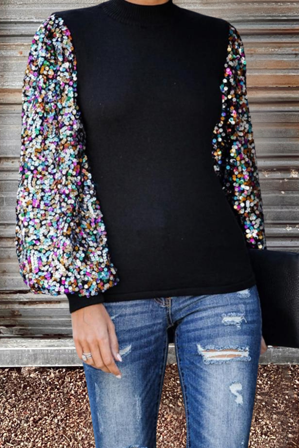 Sequin Puffed Mock Neck Pullover