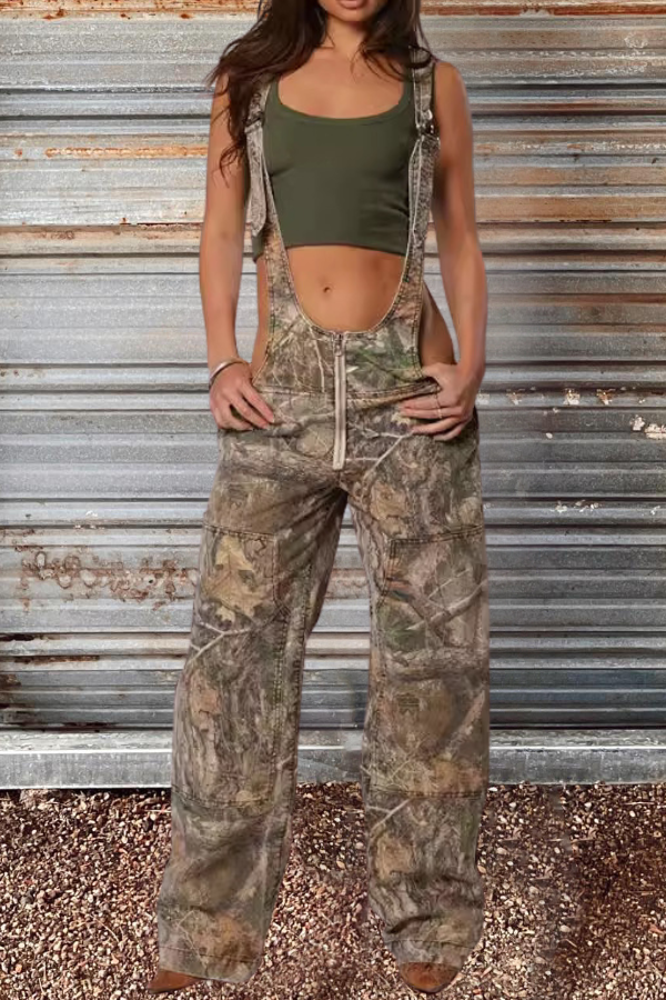 Camo Wide Leg Overalls Jumpsuits