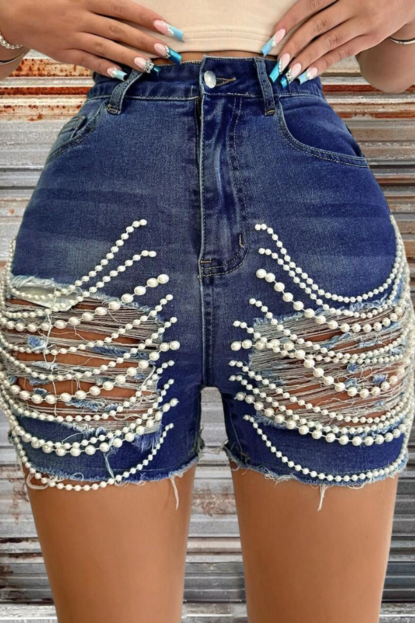 Pearl Chain Cut-Out Ripped Denim Shorts