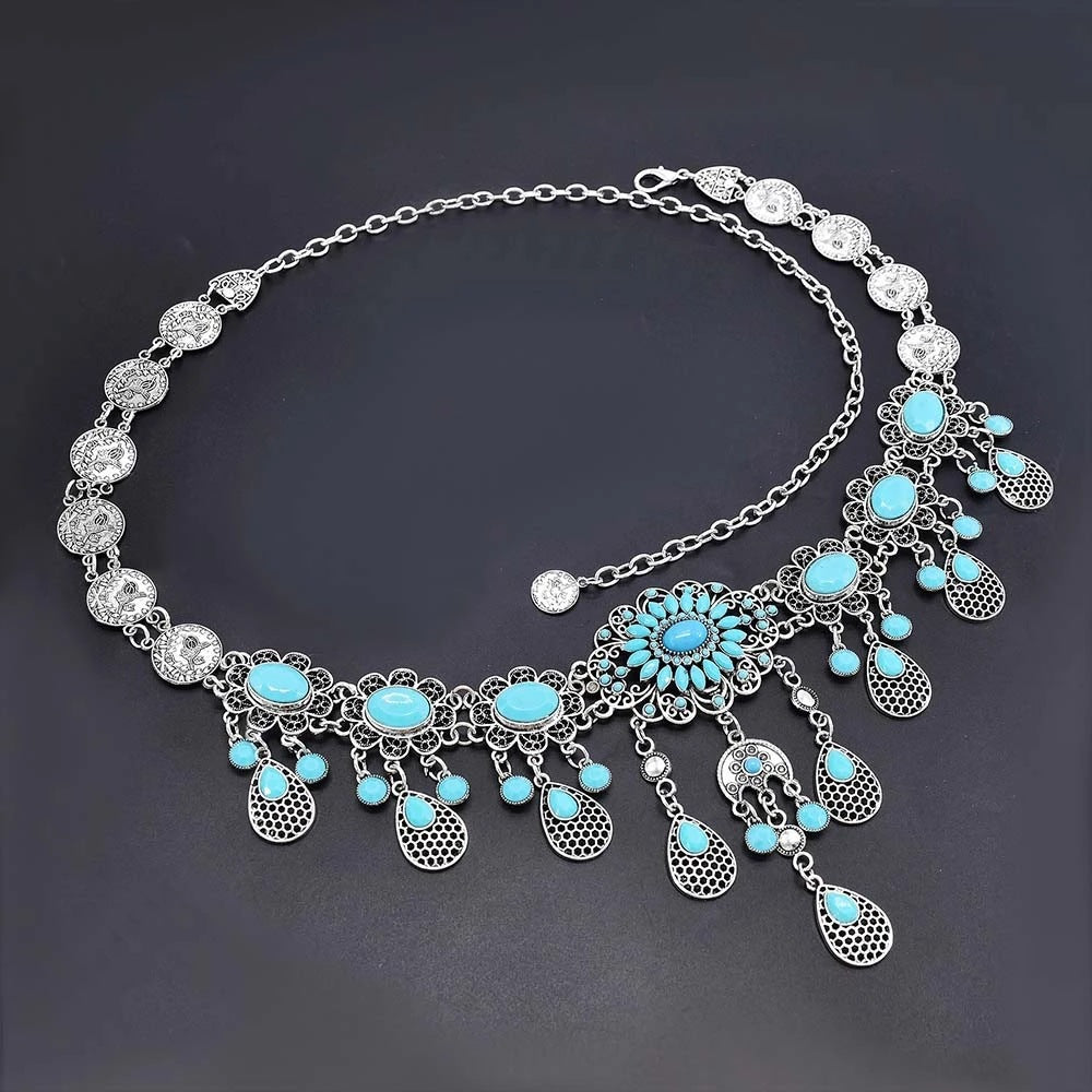 Turquoise Cutout Floral Coin Belt