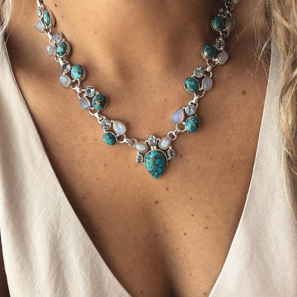 Turquoise White Green Bead Choker Necklace