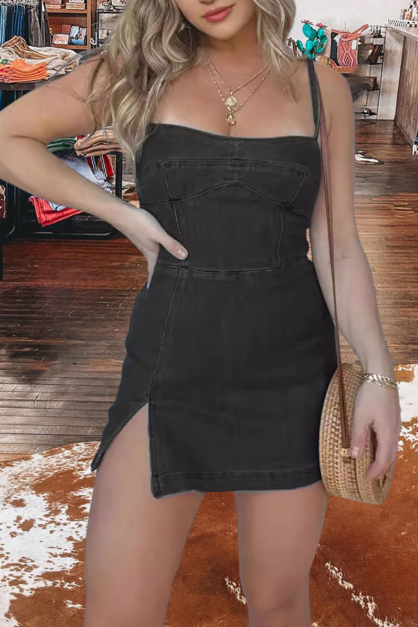 Side Panels Denim Romper Dress