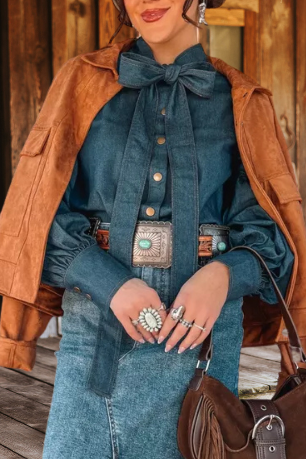 Tie Neck Lantern Sleeve Denim Shirt