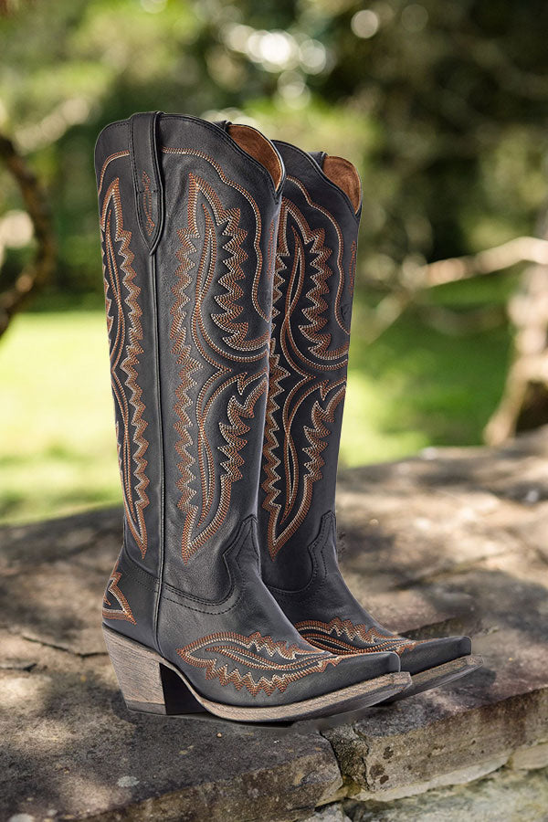 Western Chunky Heel High Top Boots