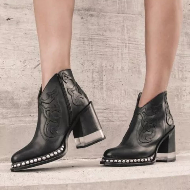 Embroidered Thick Heel Sewing Rivets Ankle Boots
