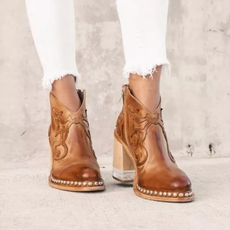 Embroidered Thick Heel Sewing Rivets Ankle Boots