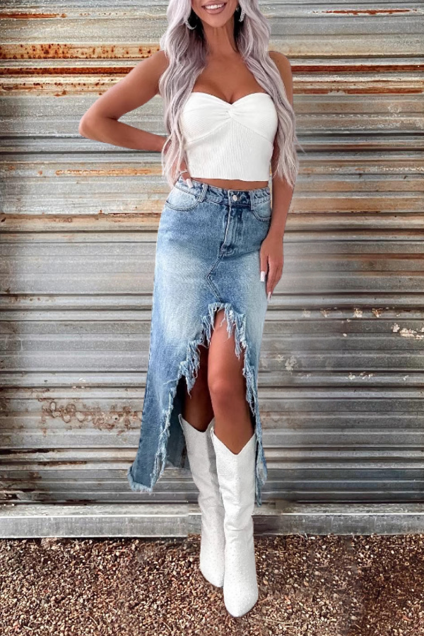 Cowgirl Distressed Denim Skirt