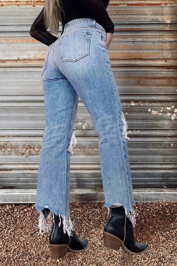 Light Blue Ripped Tassel Denim Jeans