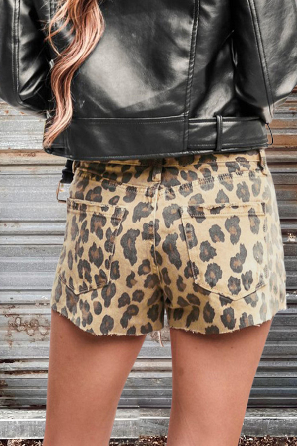 Leopard Print Ripped Raw Edge Denim Shorts