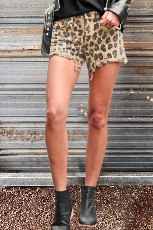 Leopard Print Ripped Raw Edge Denim Shorts