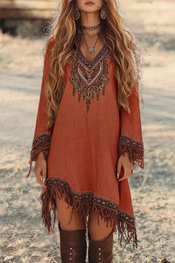 Western Tassel Trim Loose Dress
