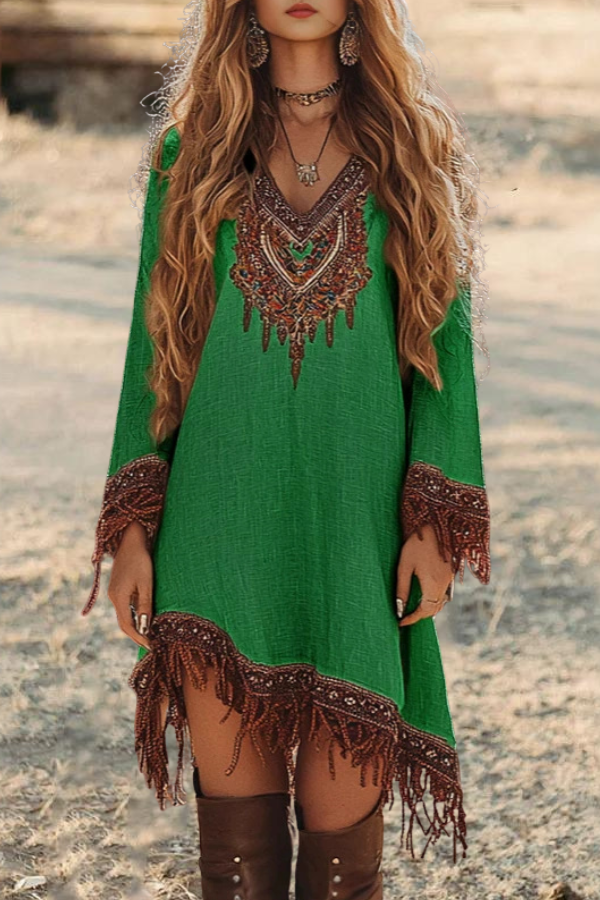 Western Tassel Trim Loose Dress