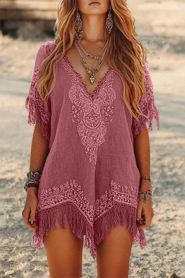 Ethnic Lace Tassel Floral Dress