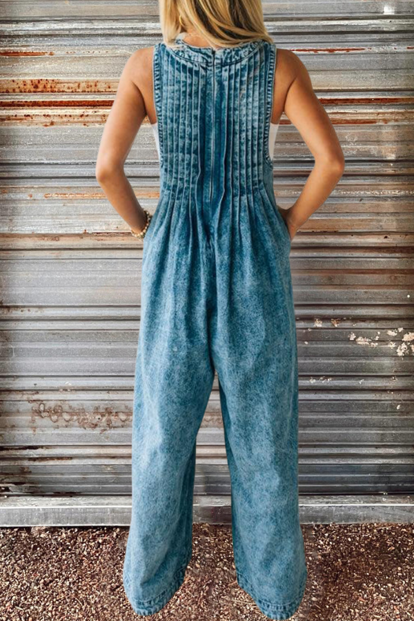 Wide Leg Denim Pleated Jumpsuit