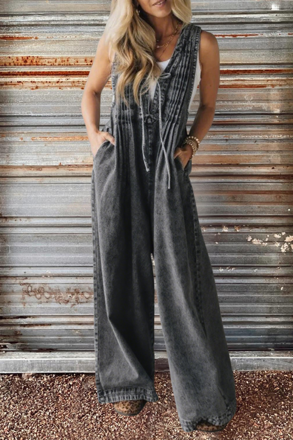 Wide Leg Denim Pleated Jumpsuit