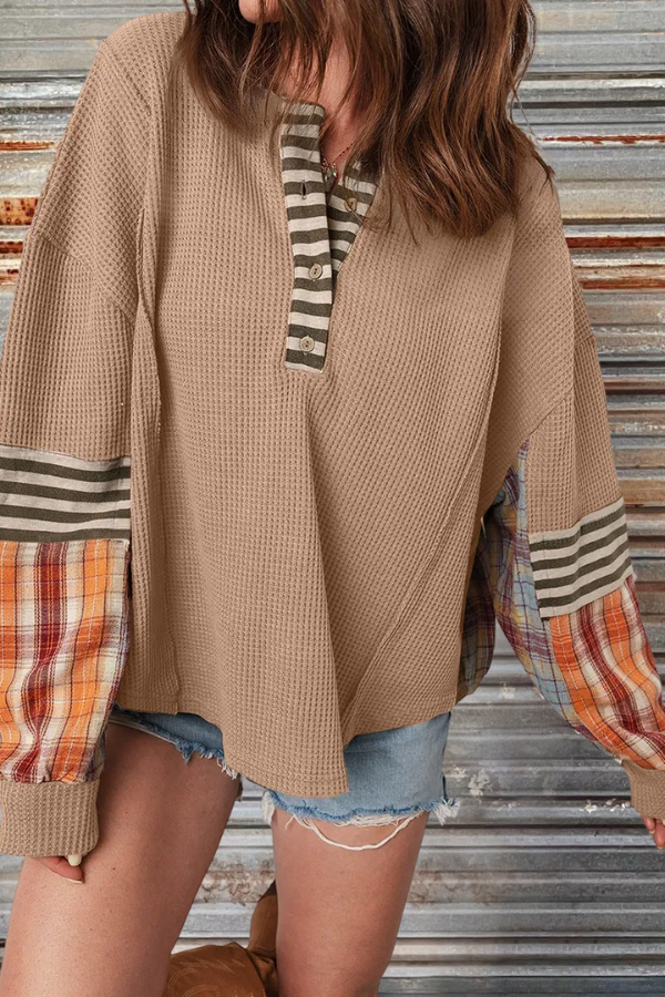 Waffle Stripe Plaid Patchwork Henley Knit Top