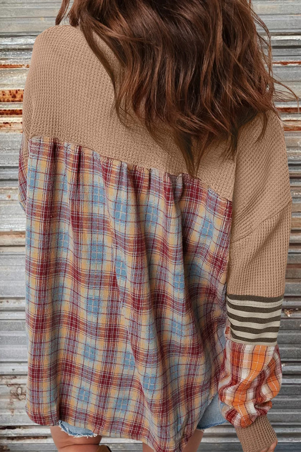 Waffle Stripe Plaid Patchwork Henley Knit Top
