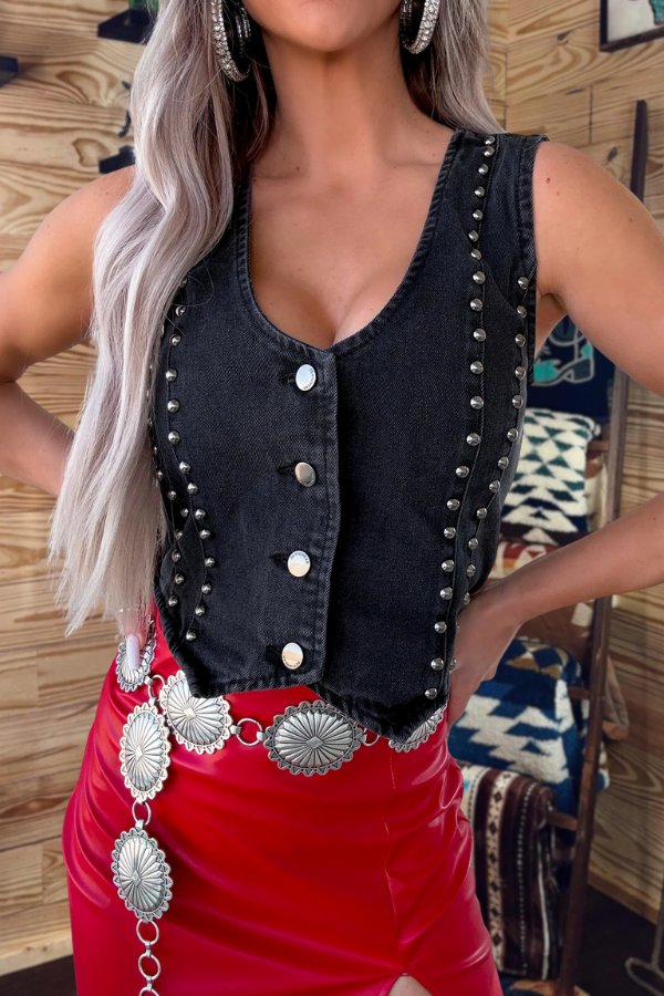 Denim Washed Fitted Stud Vest
