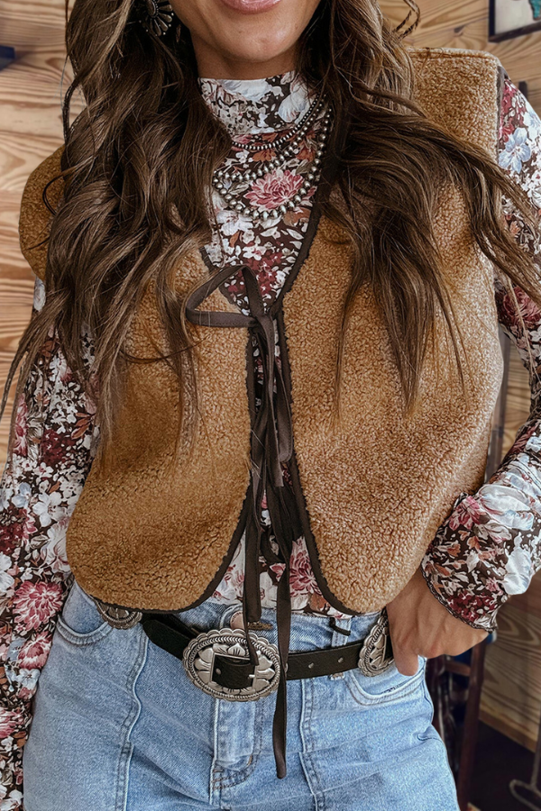 Contrast Trim Tie Front Sherpa Vest