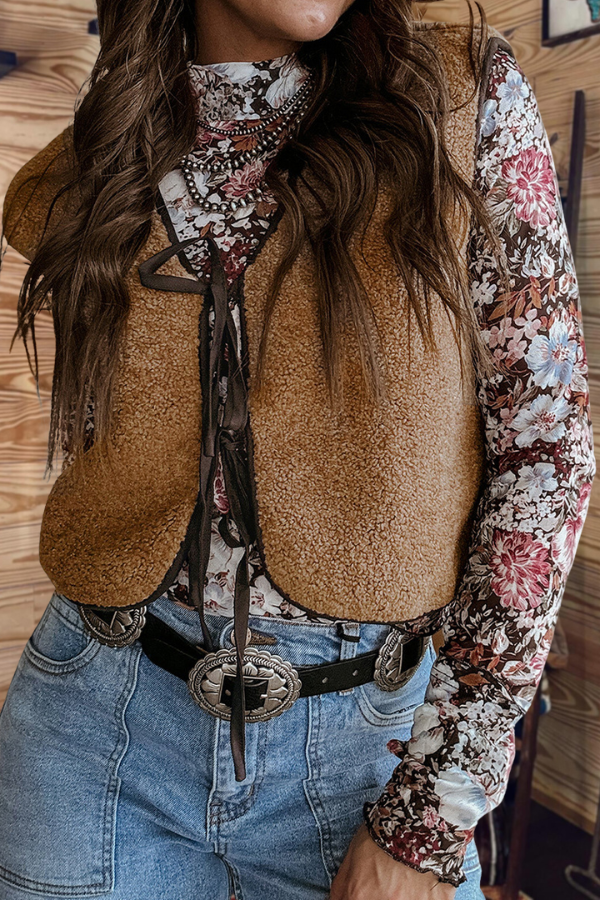 Contrast Trim Tie Front Sherpa Vest