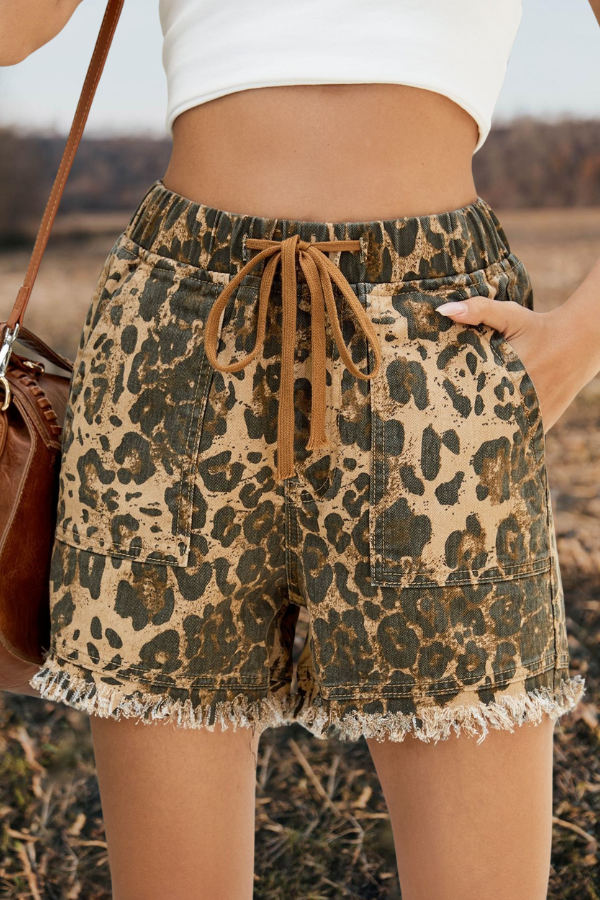 Cheetah Cargo Pocket Drawstring Denim Shorts