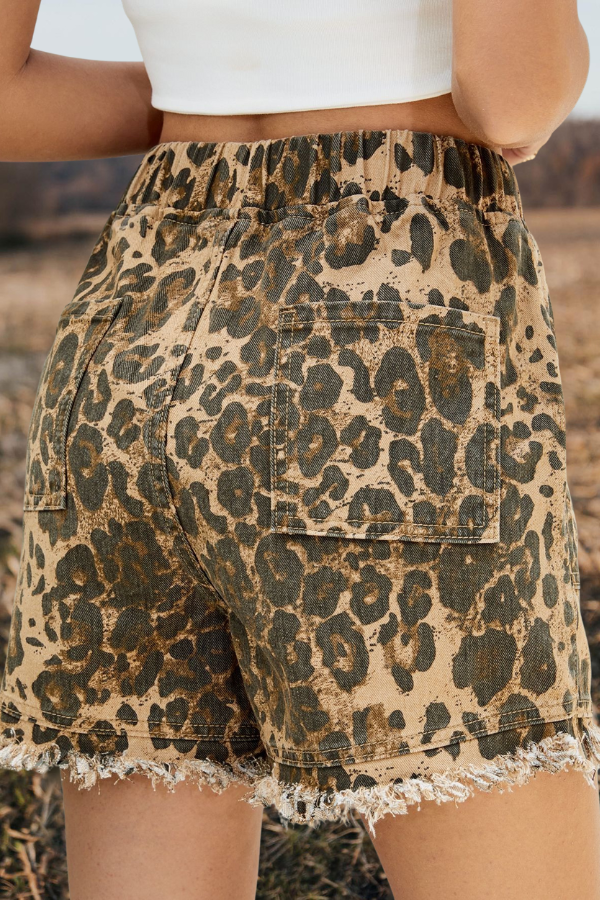Cheetah Cargo Pocket Drawstring Denim Shorts