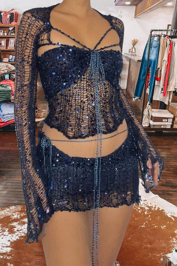 Strappy 3 Piece Sequin Crop Top Sets