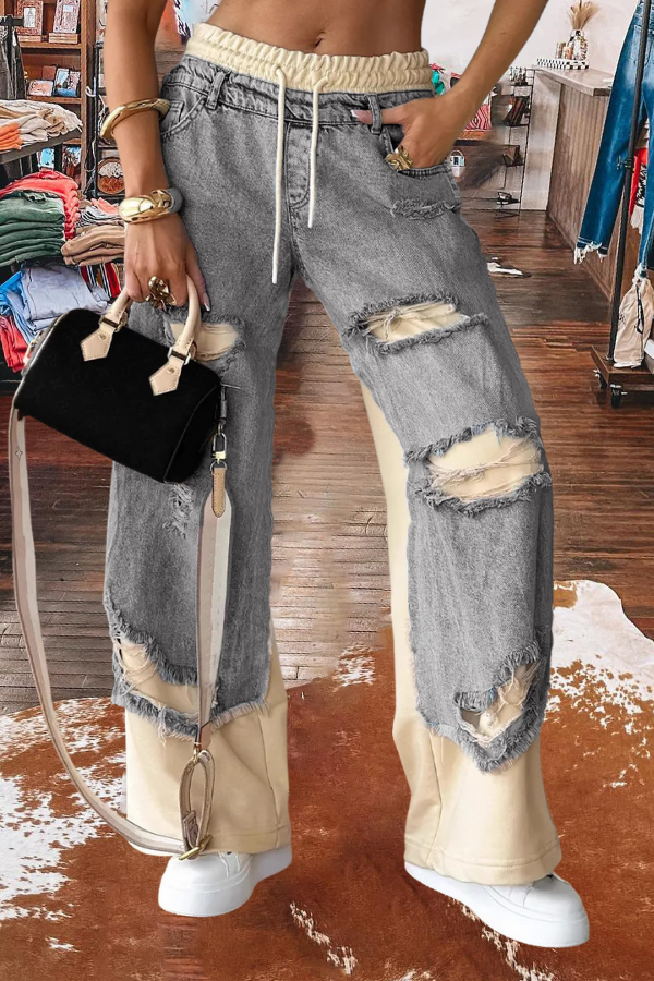 Drawstring Baggy Patchwork Wide Leg Jeans