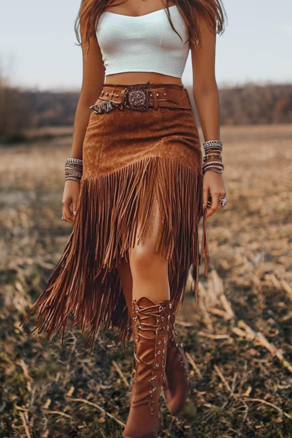 Fringe Trimmed Boho Skirt