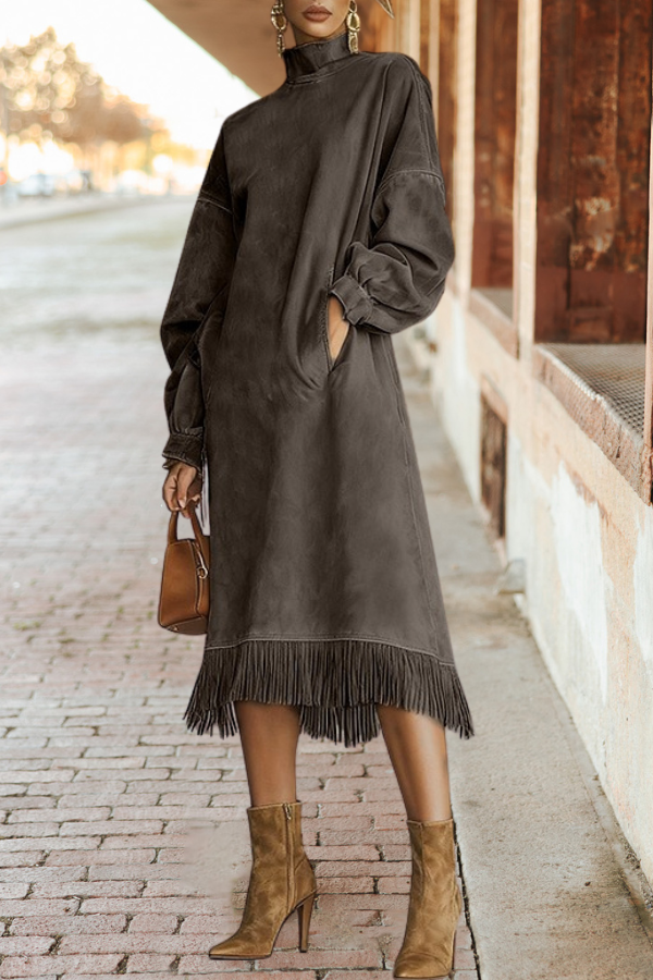 Fringe Hem Suede Midi Dress