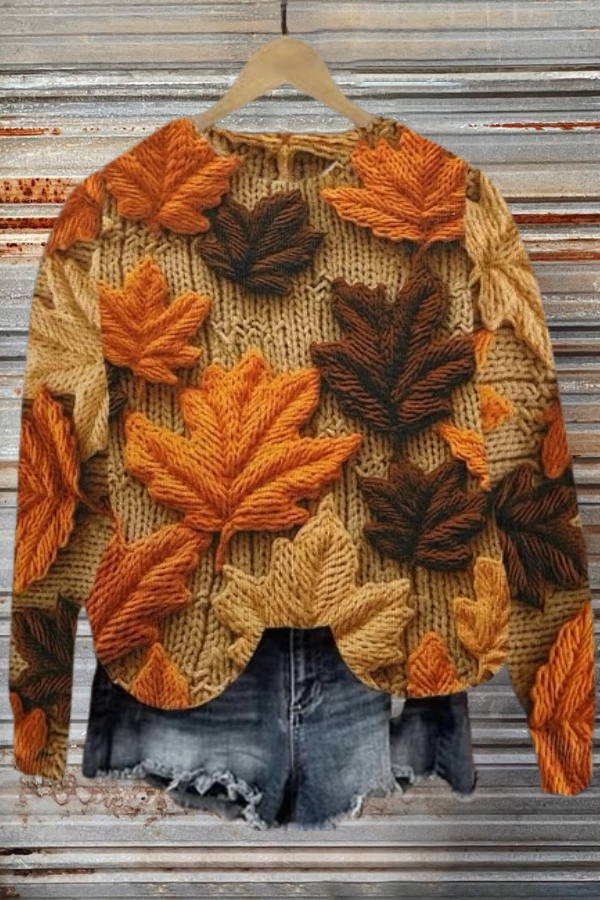 Autumn Maple Leaf Textured Knit Sweater