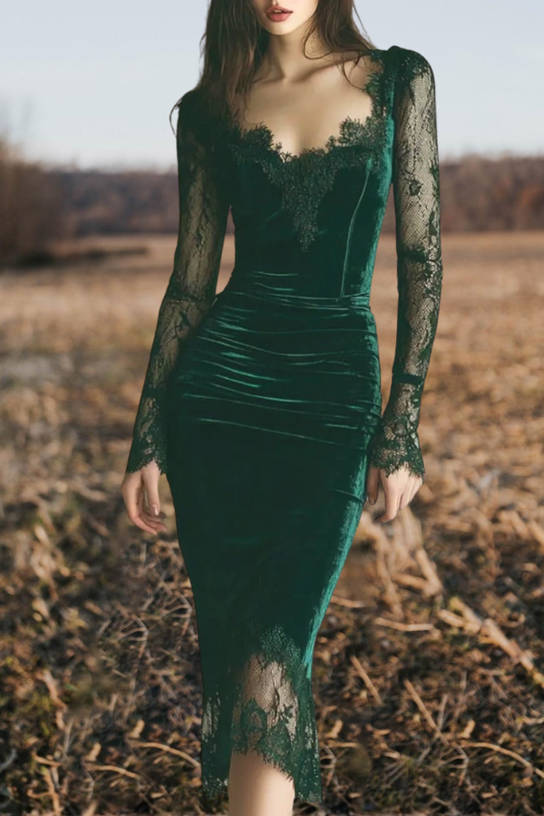Emerald Velvet Lace Trim Midi Dress