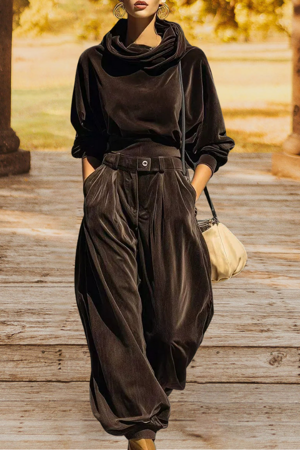 Velvet Cowl Neck Top Wide Leg Pants Set