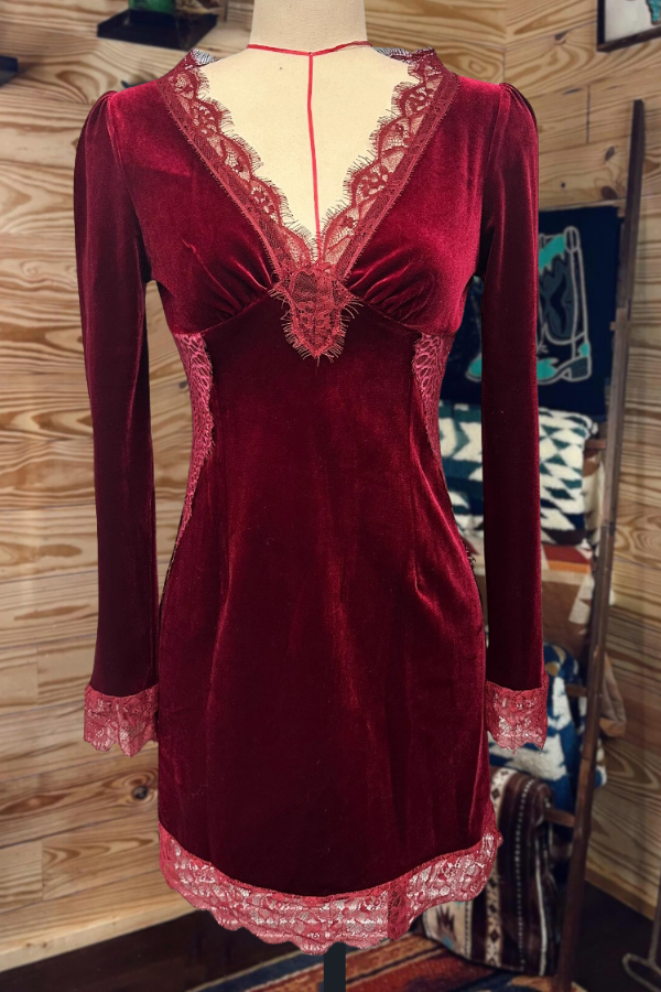 Velvet Floral Lace Trim Mini Dress