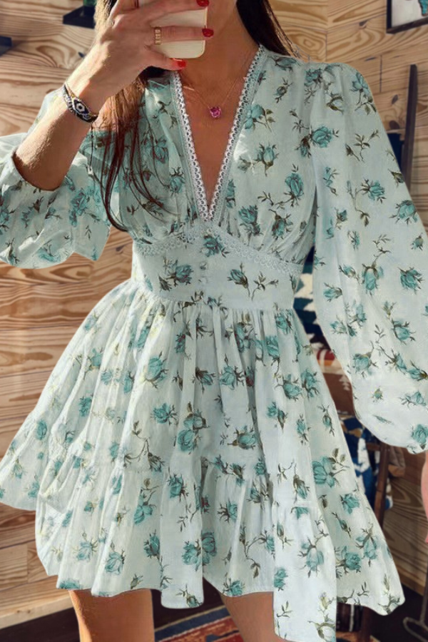 Floral Lace Trim Puff Sleeve Mini Dress