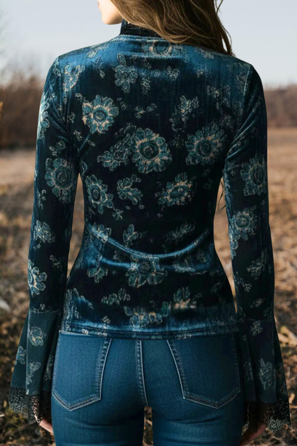 Lace-Trimmed Velvet Bell Sleeve Top